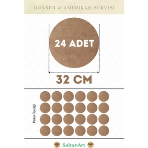 Saltan Art HM206 32 cm Çap 24 Adet Supla Amerikan Servis Runner Mdf Drolit Magnet Altı Ahşap 3 mm (2,7 Mm) Kalınlık