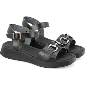 Raven Siyah Kadın Ayarlanabilir Tokalı Deri Sandalet