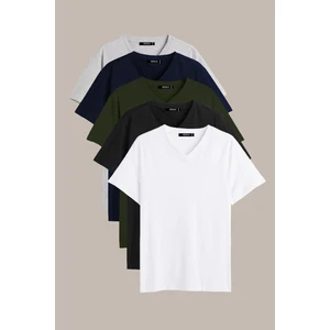Metalıc Erkek Çok Renkli T- Shirt Regular Fit Rahat Kesim V Yaka 5'li Basic Tişört Paketi