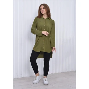 Kadın Uzun Önden Düğmeli Aerobin Tunik Gömlek Haki