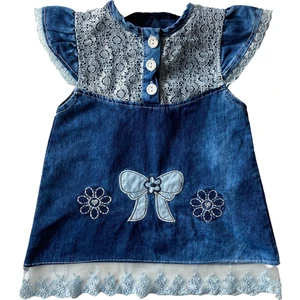 NSE Collection Kız Çocuk Denim Renk Kadife Kumaş Dantel Işlemeli Vintage Model Volanlı Elbise