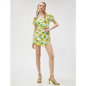 Crop Bluz Kısa Balon Kollu Kare Yaka Baskılı Pamuklu