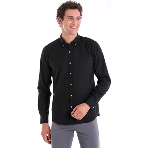 Siyah Comfort Fit Düz 100% Pamuk Düğmeli Yaka Uzun Kollu Oxford Gömlek
