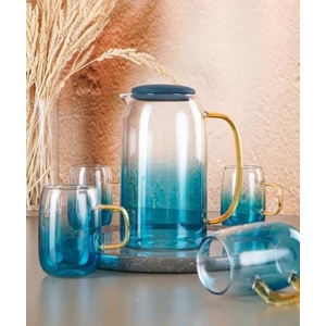 Mavi Cam Sürahi Seti 1500 ml + 4 Adet Bardak 300 ml