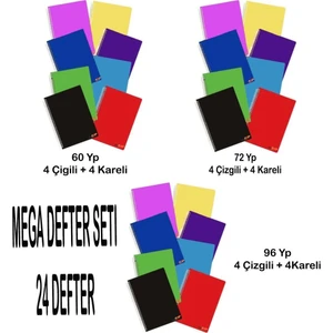A4 Okul Defteri 60 - 72 - 96 Yp.  (24 Adet 12 Kareli 12 Çizgili) Spralli Plastik Kapak Smart.60