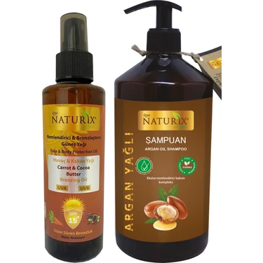 Naturix Kakao & Havuç Yağı SPF 15 Yoğun Bronzlaştırıcı Yağ ve Tuzsuz Argan Yağlı Şampuan Seti (200