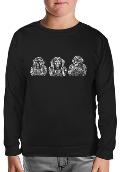 Three Monkeys Realistic Siyah Çocuk Sweatshirt