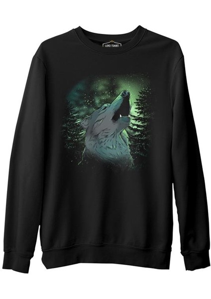 Wolf Howling In A Green Light Forest Siyah Erkek Kalın Sweatshirt