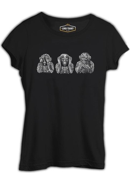 Three Monkeys Realistic Siyah Kadın Tshirt