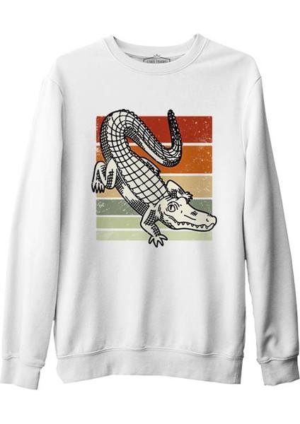 Alligator On Earth Colors Background Beyaz Erkek Kalın Sweatshirt