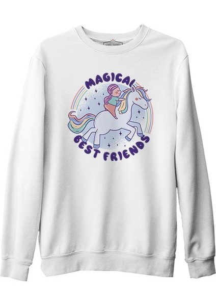 Magical Friends With Unicorn Beyaz Erkek Kalın Sweatshirt