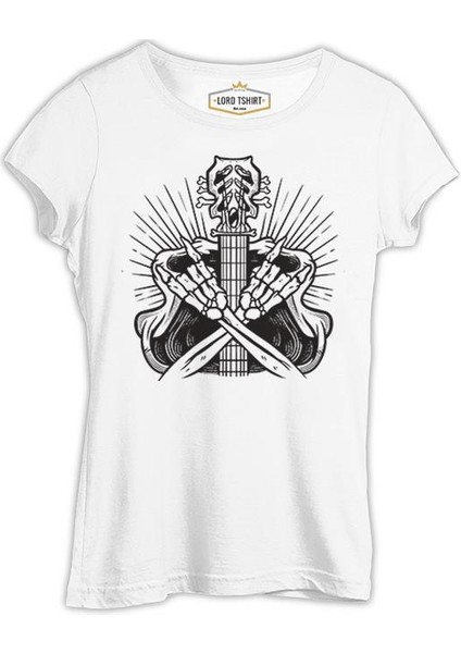 Skeleton Silhouette Making Rock Sign Beyaz Kadın Tshirt