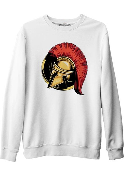A Spartan Warrior Helmet On A Circular Background Beyaz Erkek Kalın Sweatshirt