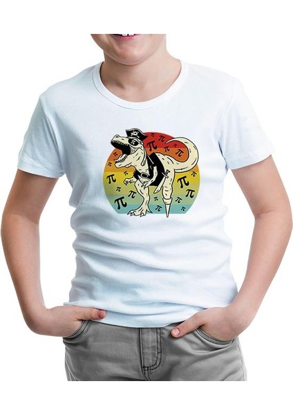 Pirate Dinosaur With Pi Background Beyaz Çocuk Tshirt