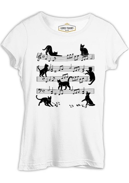 Cats And Notes Beyaz Kadın Tshirt