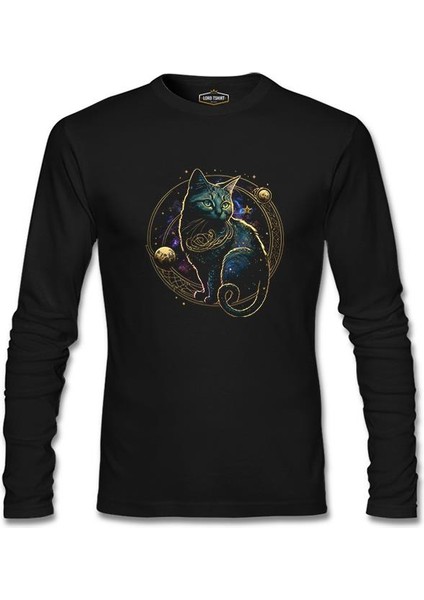 Magical Cat In Space With The Moon And Planets Siyah Erkek Sweatshirt