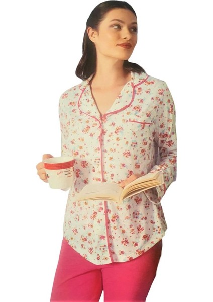 23610 Pamuk Çiçek Desen Önden Düğmeli Kadın Pijama Takım
