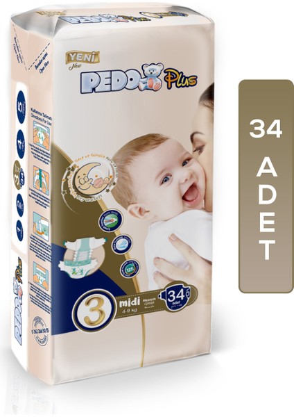 3 Numara Bebek Bezi Midi (4-9)Kg 34 Adet