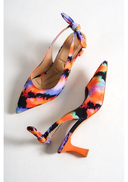 Minipony Turuncu Batik Stiletto Kısa Topuklu Ayakkabı