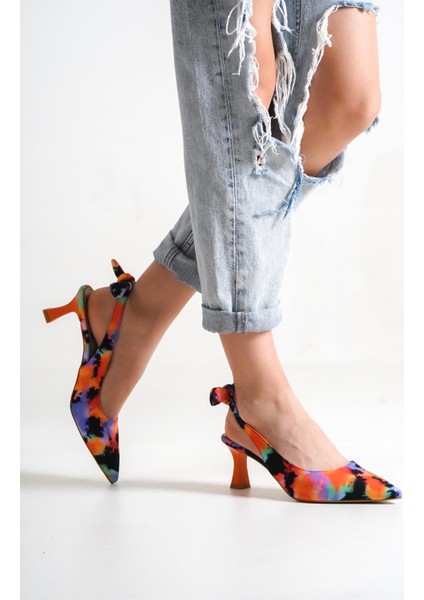 Minipony Turuncu Batik Stiletto Kısa Topuklu Ayakkabı