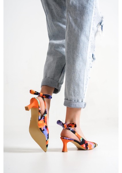 Minipony Turuncu Batik Stiletto Kısa Topuklu Ayakkabı