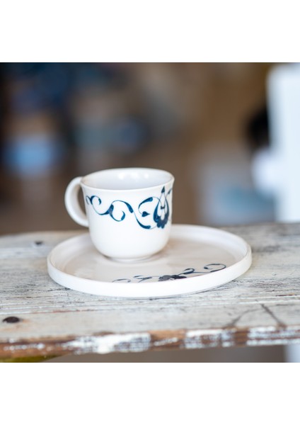Rumi Desenli Kahve Takımı El Yapımı Seramik Kahve Takımı 2'li Set + İkramlık