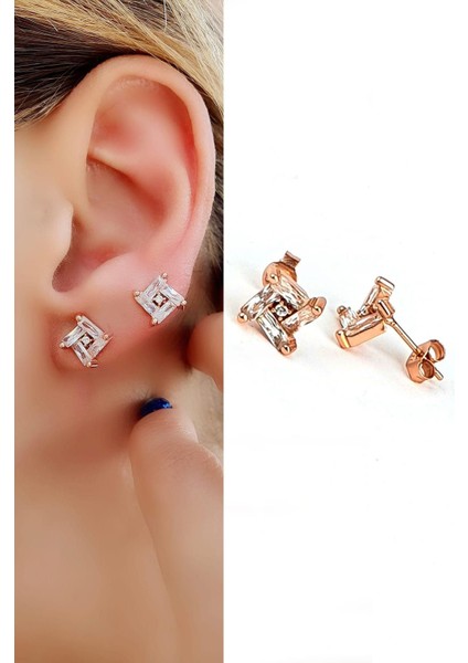Baget Zirkon Taşlı 925AYAR Gümüş Üzerine Rose Altın Kaplama Trend Küpe