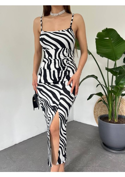 Cof Butik Zebra Desen Yırtmaç Detay Askılı Uzun Elbise