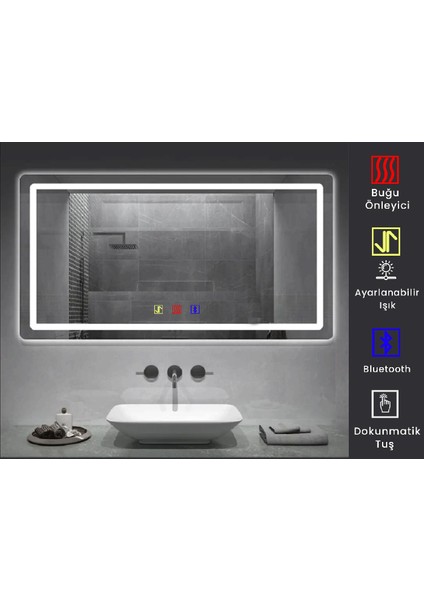 (H)80 x 100CM Bluetoothlu Buğu Çözücülü Dokunmatik Işıklı Kumlamalı Banyo Aynası