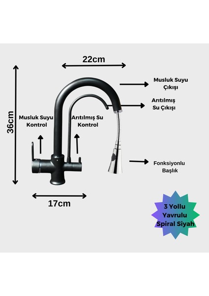 Wpl Spiralli 3 Yollu Yavrulu Su Arıtma Cihazı Musluğu(Siyah)