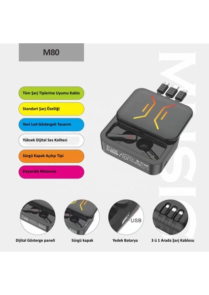 M80 2000 Mah Powerbankli Bluetooth Kablosuz Kulaklık 5.3V