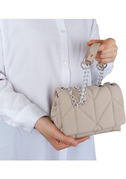 Zincirli Şık Bayan Çapraz El ve Omuz Çantası Vizon