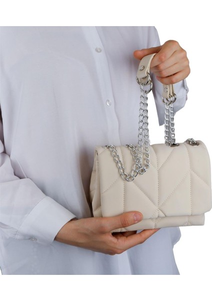 Zincirli Şık Bayan Çapraz El ve Omuz Çantası Bej