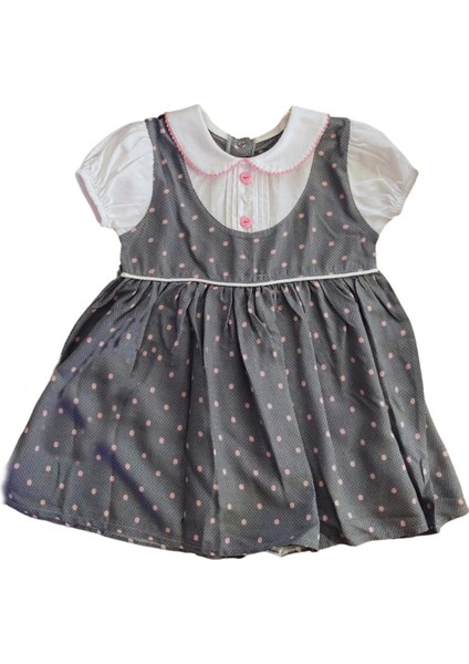 Kız Bebek Pamuklu Gri Renk Işlemeli Gömlek Yakalı Kısa Kollu Puantiyeli Elbise