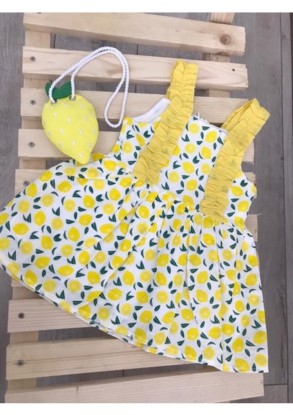 Kız Bebek Keten Fırfır Askılı Limon Model Elbise ve Sahte Limon Modelli Çanta Takımı