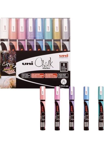 Chalk 1.8-2.5 mm Yuvarlak Uç Su Bazlı Sıvı Tebeşir Kalemi 8'li Set Metalik Renkler
