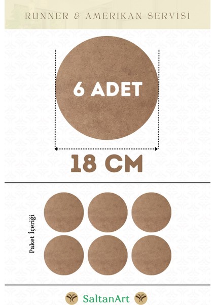 HM042 18 cm Çap 6 Adet Supla Amerikan Servis Runner Mdf Drolit Magnet Altı Ahşap 3 mm (2,7 Mm) Kalınlık