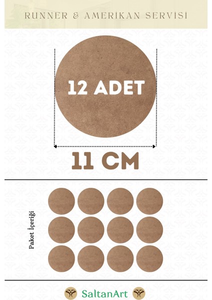 HM085 11 cm Çap 12 Adet Supla Amerikan Servis Runner Mdf Drolit Magnet Altı Ahşap 3 mm (2,7 Mm) Kalınlık