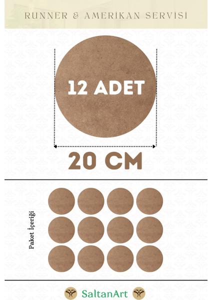 HM094 20 cm Çap 12 Adet Supla Amerikan Servis Runner Mdf Drolit Magnet Altı Ahşap 3 mm (2,7 Mm) Kalınlık