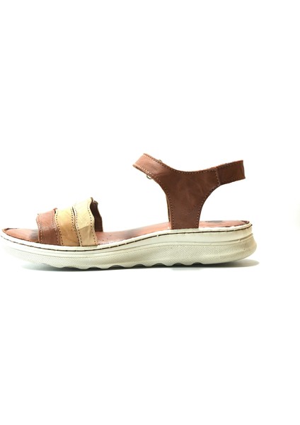 221 Hakiki Deri Siyah & Taba Anatomik Kadın Sandalet