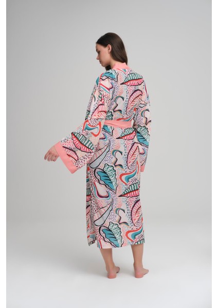 Renkli Yaprak Desenli Pudra Uzun Kimono 4046