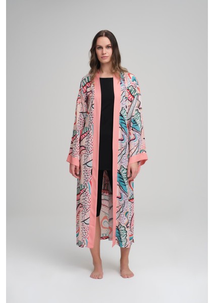 Renkli Yaprak Desenli Pudra Uzun Kimono 4046