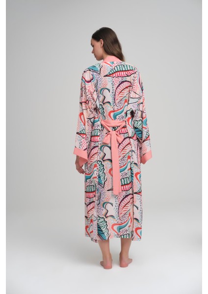 Renkli Yaprak Desenli Pudra Uzun Kimono 4046