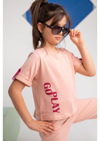 Kız Çocuk Go Play Baskılı Kolları Katlamalı T-Shirt