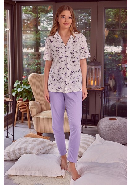 Kadın Düğmeli Kısa Kollu Pijama Takımı
