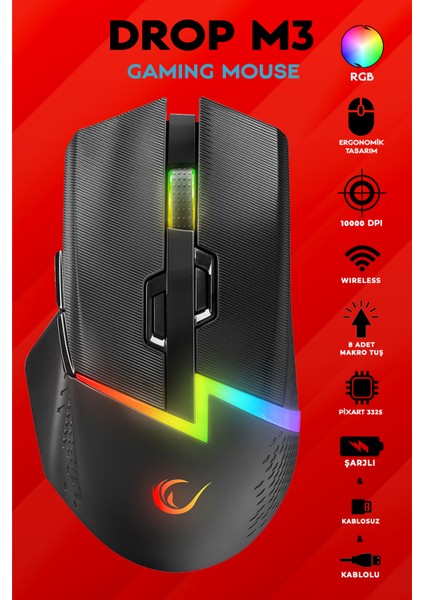 Drop M3 Rgb Şarjlı Kablosuz / Kablolu / Wireless 10000DPI 10D Profesyonel Gaming Oyuncu Mouse