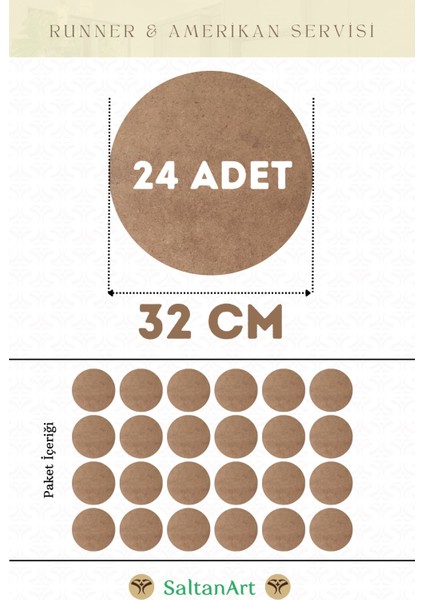 HM206 32 cm Çap 24 Adet Supla Amerikan Servis Runner Mdf Drolit Magnet Altı Ahşap 3 mm (2,7 Mm) Kalınlık