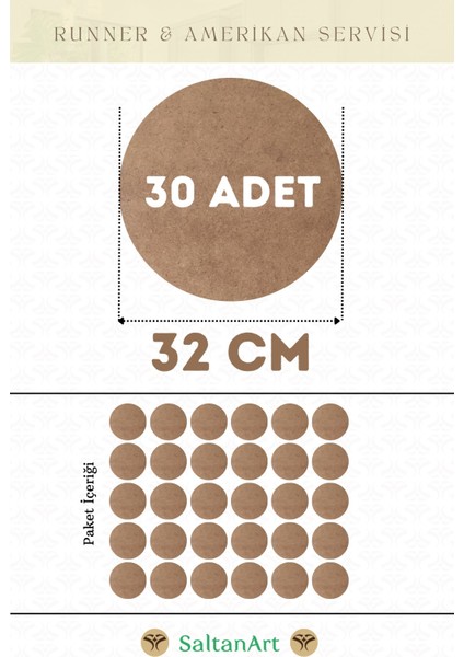 HM256 32 cm Çap 30 Adet Supla Amerikan Servis Runner Mdf Drolit Magnet Altı Ahşap 3 mm (2,7 Mm) Kalınlık
