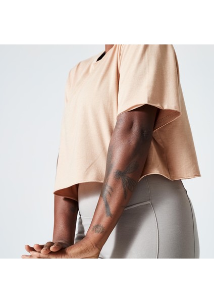 Domyos Kadın Bej Spor Tişörtü 520 - Crop Top - Fitness Hafif Antrenman
