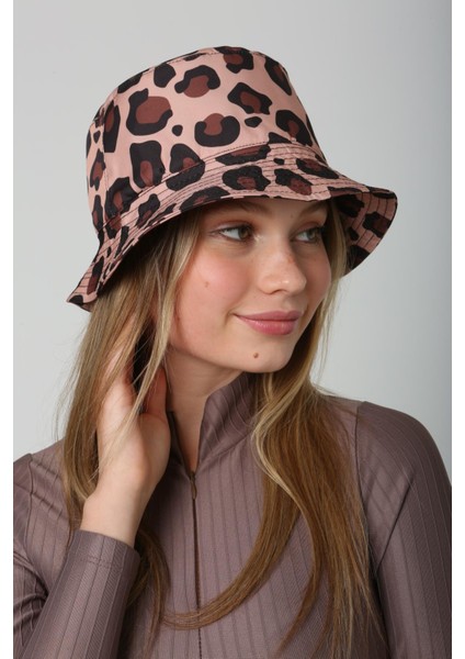 Leopar Desen Baskılı Kadın Bucket Şapka